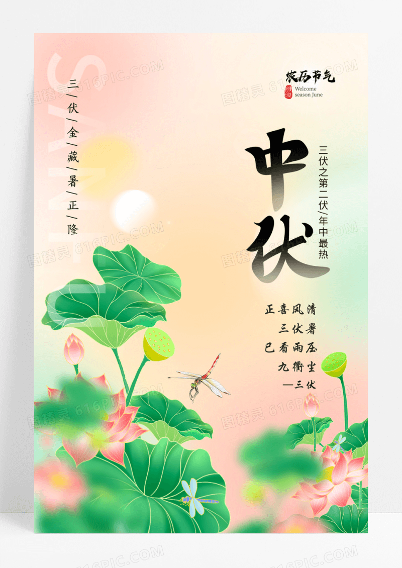 中国传统二十四节气清新荷花中伏海报模板设计中伏节日